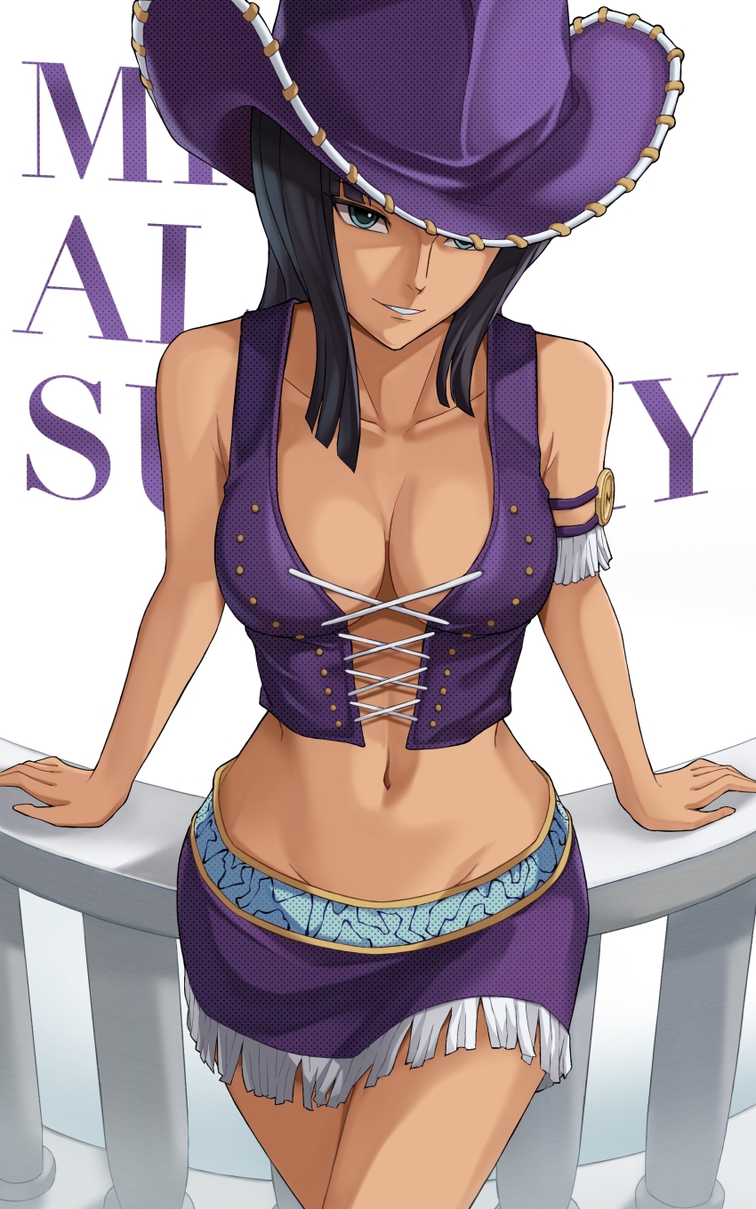 1girl absurdres armlet bare_shoulders ben-day_dots black_hair blue_eyes blunt_bangs breasts character_name collarbone cowboy_hat cowboy_shot cross-laced_clothes cross-laced_top hat highres jewelry large_breasts long_hair midriff miniskirt navel nico_robin nico_robin_(whisky_peak) no_bra one_piece parted_lips purple_hat railing sachihiro screentones skirt smile wooden_railing