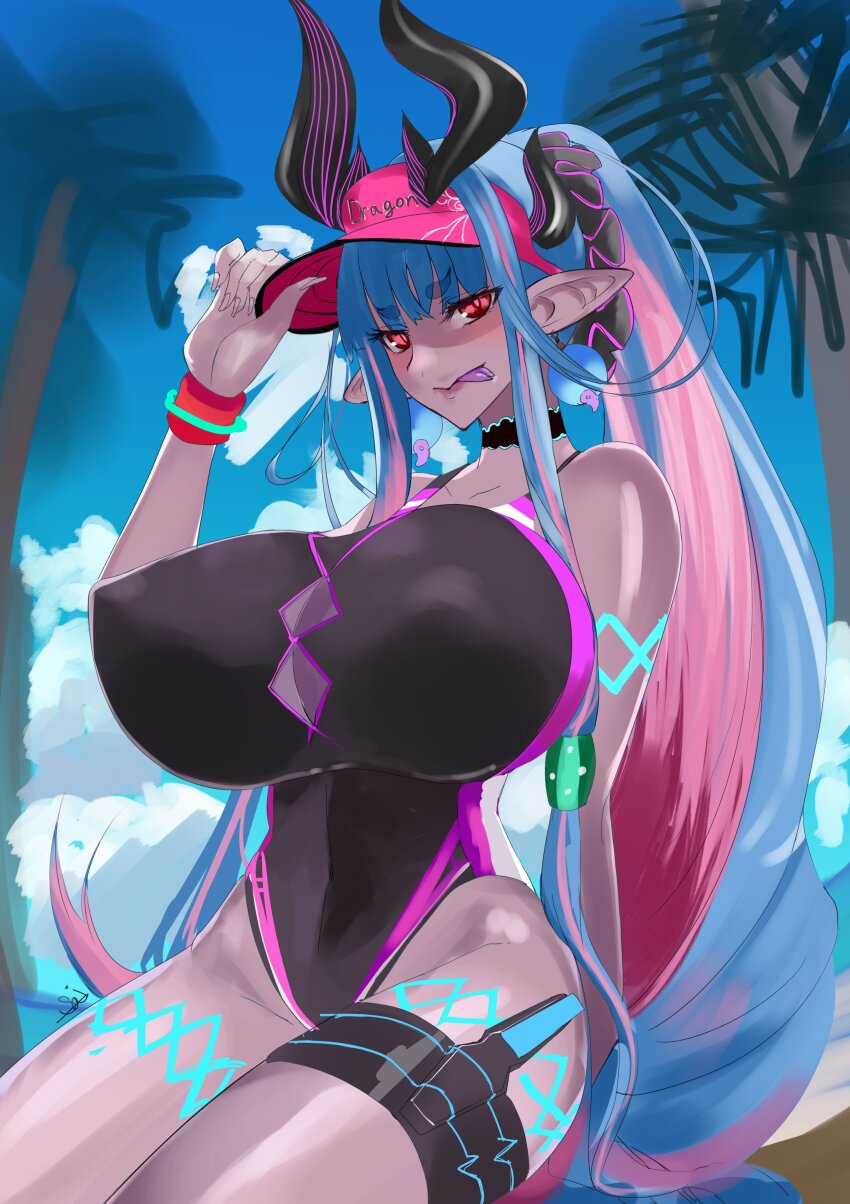 1girl absurdres bare_shoulders black_one-piece_swimsuit blue_hair blue_sky blush body_markings breasts cleavage collarbone colored_skin covered_erect_nipples covered_navel dark-skinned_female dark_skin dragon_girl earrings fate/grand_order fate_(series) grey_skin hair_between_eyes hat highleg highleg_one-piece_swimsuit highres horns huge_breasts ibuki_douji_(fate) ibuki_douji_(swimsuit_berserker)_(fate) ibuki_douji_(swimsuit_berserker)_(first_ascension)_(fate) jewelry licking_lips long_hair looking_at_viewer multicolored_hair one-piece_swimsuit oni palm_tree pink_hair pink_hat pink_one-piece_swimsuit pointy_breasts pointy_ears ponytail red_eyes s4ika sidelocks sky smile swimsuit tail thick_thighs thigh_strap thighs tongue tongue_out tree two-tone_swimsuit visor_cap wristband