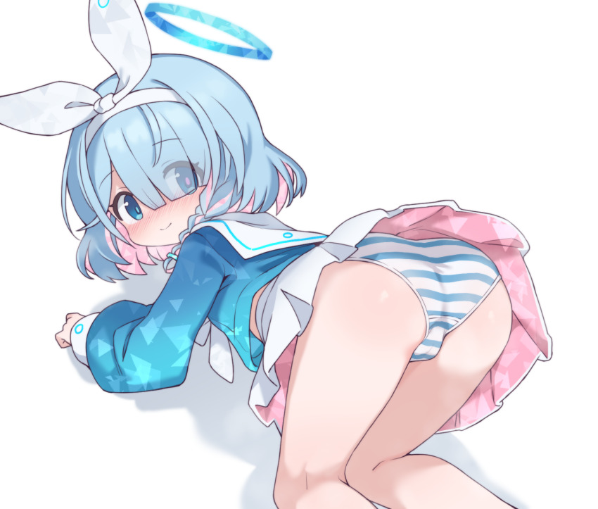 1girl aku0 arona_(blue_archive) ass blue_archive blue_eyes blue_hair blue_halo blue_shirt cameltoe commentary eyes_visible_through_hair hair_over_one_eye hairband halo highres loli multicolored_hair multicolored_panties panties pink_hair sailor_collar shirt short_hair skirt underwear white_background white_hairband white_sailor_collar white_skirt