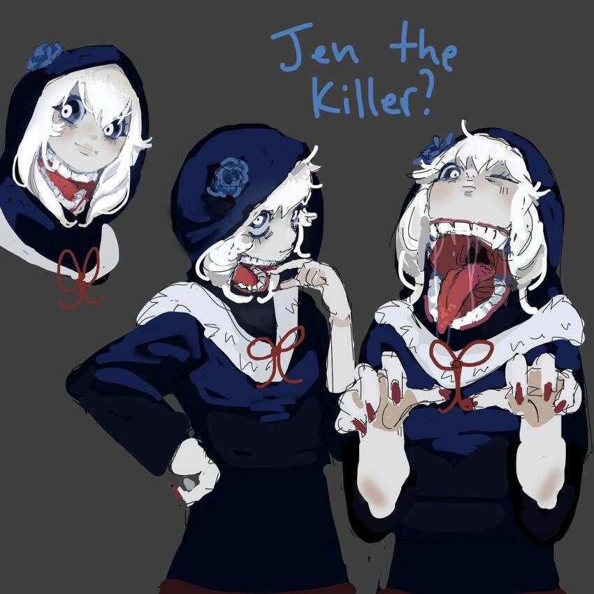 1girl ai-generated_art_(topic) body_horror bright_pupils character_name creepypasta extra_mouth hands_up highres hood hood_up horror_(theme) jeff_the_killer jeff_the_killer_(ai-gen) long_hair looking_at_viewer monster_girl multiple_views open_mouth orangeartsy red_nails saliva saliva_trail tongue tongue_out upper_body white_hair white_pupils
