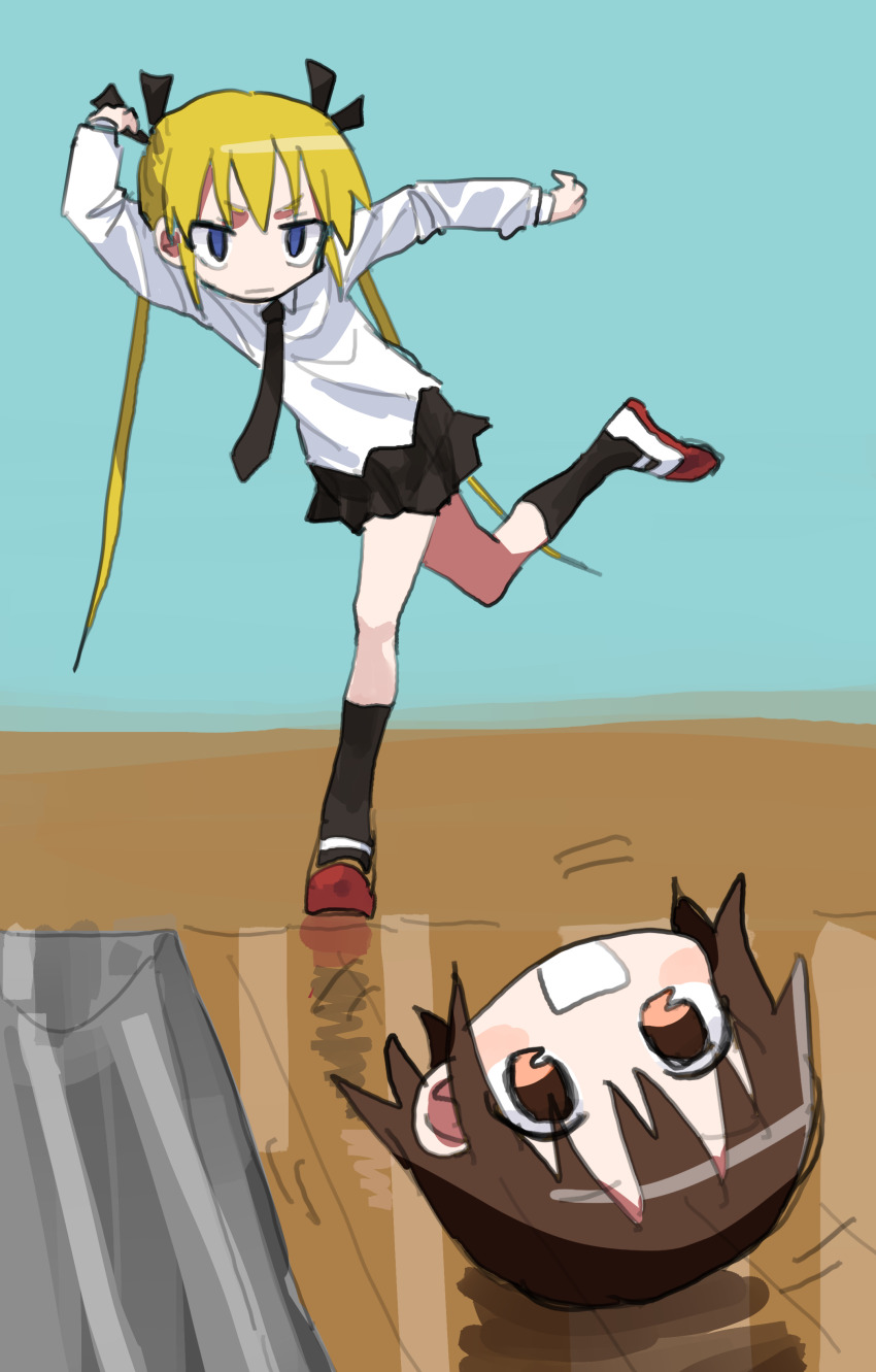 2girls absurdres arm_up black_necktie black_ribbon black_skirt black_socks blonde_hair blue_background blue_eyes bowling bowling_alley brown_eyes brown_hair closed_mouth frown hair_ribbon highres kill_me_baby kneehighs long_hair multiple_girls necktie open_mouth oribe_yasuna ribbon school_uniform severed_head shirt shoes simple_background skirt smile socks sonya_(kill_me_baby) standing standing_on_one_leg twintails ueki_(ueki056) uwabaki v-shaped_eyebrows white_shirt