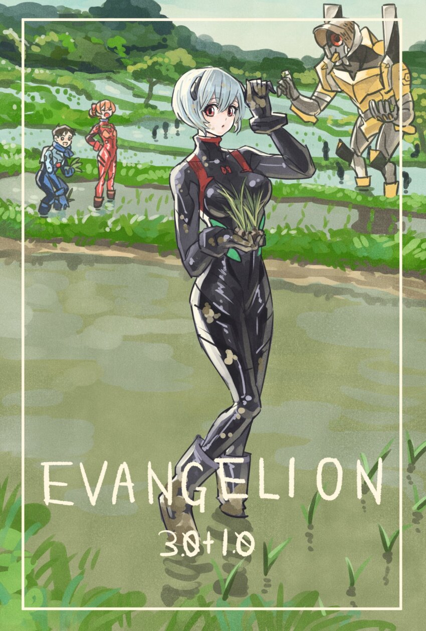 1boy 2girls ayanami_rei black_bodysuit blue_bodysuit blue_hair bodysuit commentary_request copyright_name day eva_00 evangelion:_3.0+1.0_thrice_upon_a_time evangelion_(mecha) full_body green_theme hair_bun hand_on_own_hip highres ikari_shinji looking_at_viewer mecha_pilot_suit multiple_girls neon_genesis_evangelion one-eyed orange_hair outdoors plugsuit_(evangelion) rebuild_of_evangelion red_bodysuit red_eyes rice_paddy shiny_clothes short_hair sky souryuu_asuka_langley takeuchi_ryousuke wide_hips