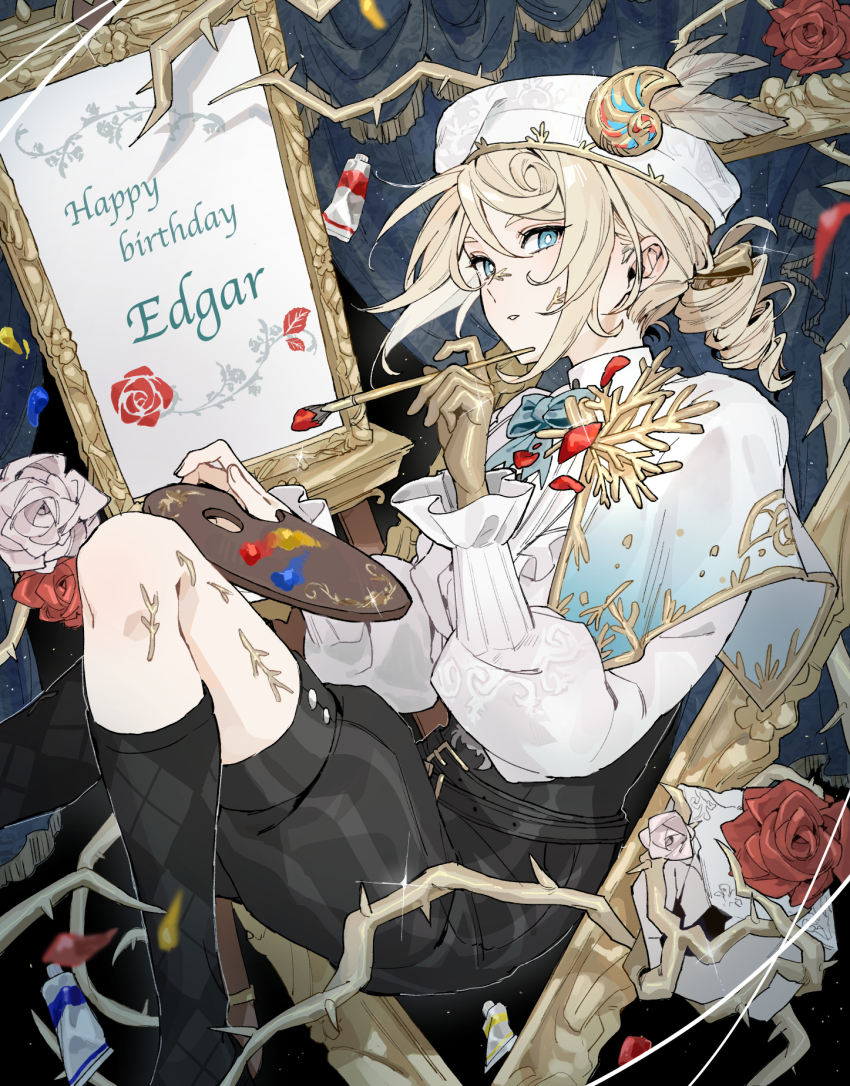 androgynous beret blonde_hair blue_eyes canvas_(object) corset drill_hair drill_ponytail edgar_valden edgar_valden_(golden_ratio) floating flower gold_gloves hat highres holding holding_brush holding_paint_palette holding_paintbrush identity_v paint paint_palette paint_tube paintbrush painting_(action) ponytail puffy_shorts red_flower red_rose rose shorts single_drill sinzourrrrr striped_clothes striped_shorts trap
