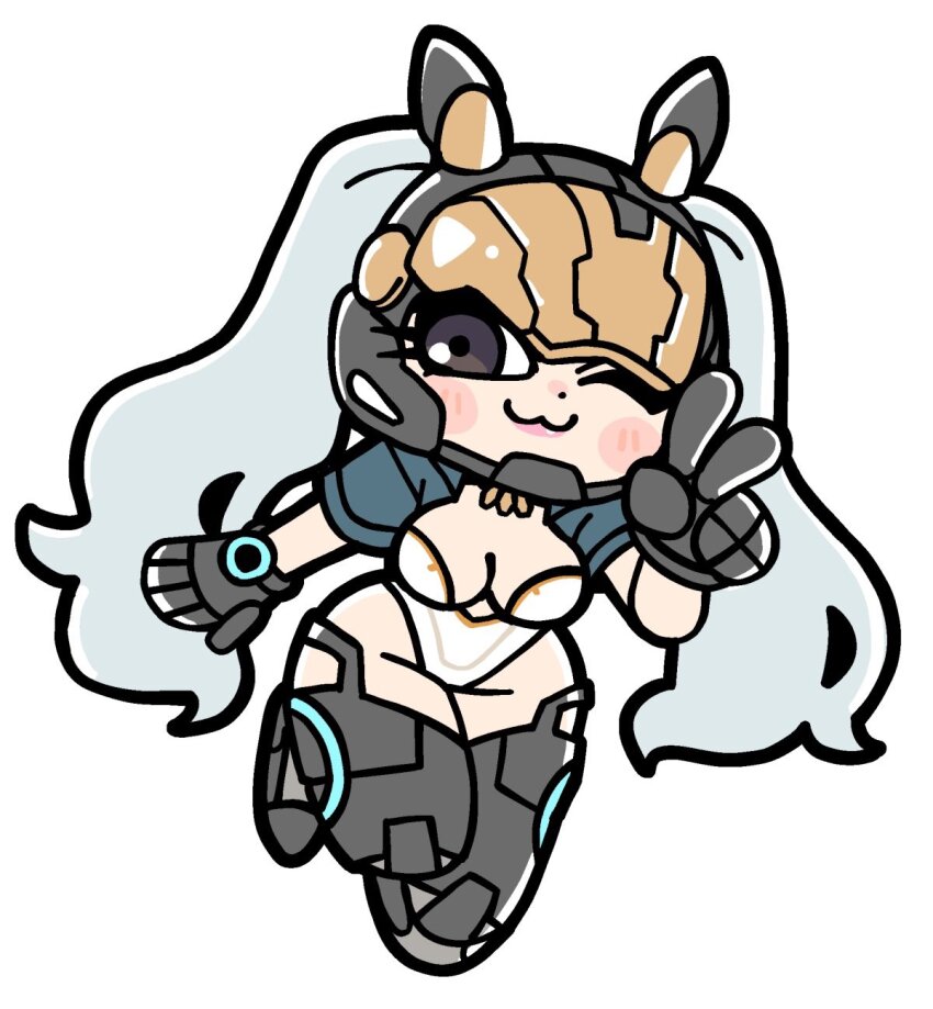 1girl ;3 animal_ears_helmet animal_helmet assault_visor bkub black_gloves black_helmet black_thighhighs blue_jacket blush breasts bunny_(the_first_descendant) cleavage closed_mouth cropped_jacket deformed dot_nose eyelashes full_body gloves hand_up helmet highres jacket leotard long_eyelashes long_hair medium_breasts one_eye_closed open_clothes open_jacket purple_eyes short_sleeves simple_background smile solo strapless strapless_leotard the_first_descendant thighhighs twintails v very_long_hair white_background white_hair white_leotard