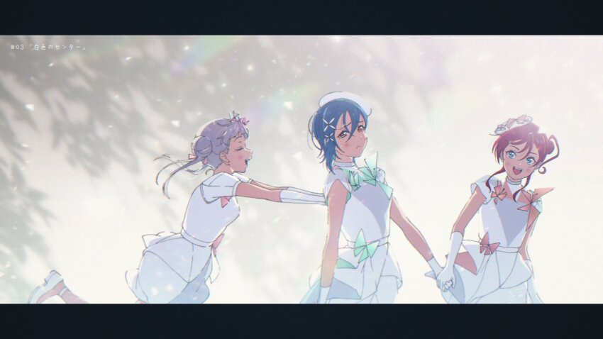 3girls :d arashi_chisato arched_bangs blue_eyes blue_hair blush commentary_request crossed_bangs double_bun dress elbow_gloves episode_number episode_title frown gloves green_dress grey_dress grey_hair hair_between_eyes hair_bun hat highres holding_hands kiritsuki_(crux) letterboxed long_hair looking_at_another love_live! love_live!_superstar!! multicolored_dress multiple_girls open_mouth orange_eyes pink_dress puffy_short_sleeves puffy_sleeves pushing red_dress red_hair short_hair_with_long_locks short_sleeves single_side_bun smile special_color_(love_live!) teeth translated twintails upper_teeth_only wakana_shiki white_dress white_gloves white_hat yoneme_mei