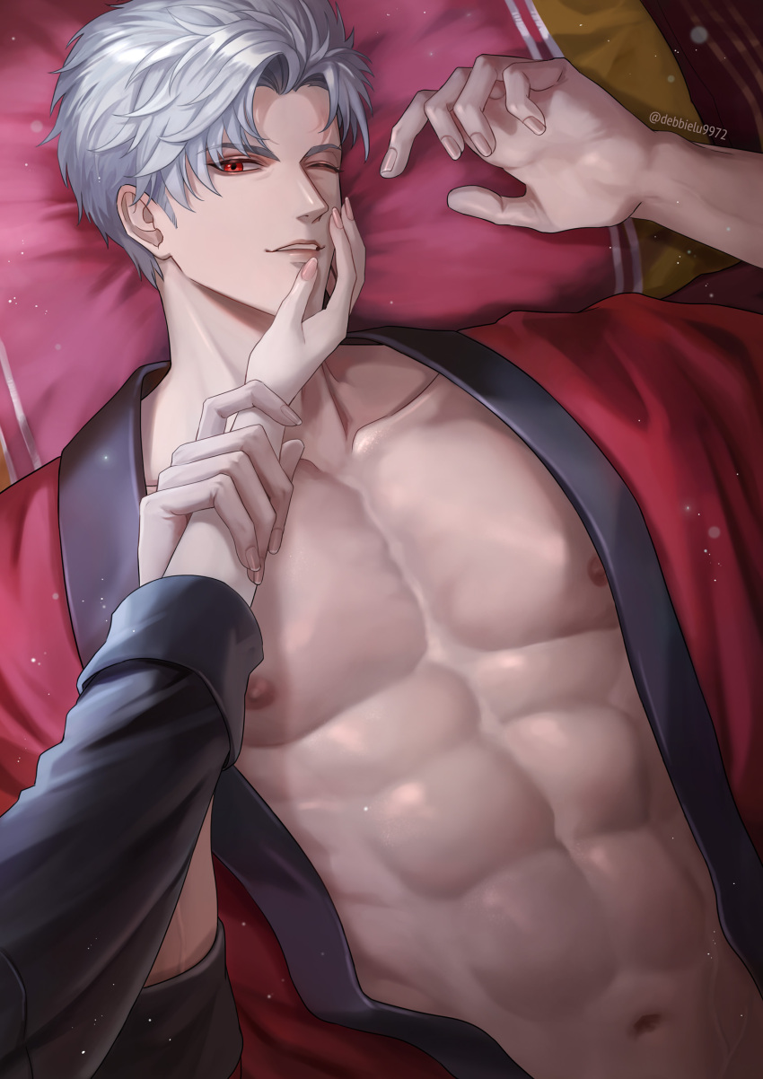 1boy 1girl abs absurdres black_shirt debbie_(debbielu9972) grey_hair hetero highres long_sleeves love_and_deepspace lying male_focus muscular muscular_male navel nipples one_eye_closed open_clothes open_shirt pillow pov red_eyes red_shirt shirt short_hair stomach sylus_(love_and_deepspace)