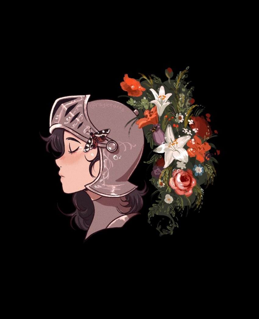 1girl armor black_background black_hair blue_flower bug butterfly closed_eyes flower helmet highres insect leaf original plant profile purple_flower raylee red_flower shadow short_hair simple_background solo tears white_flower