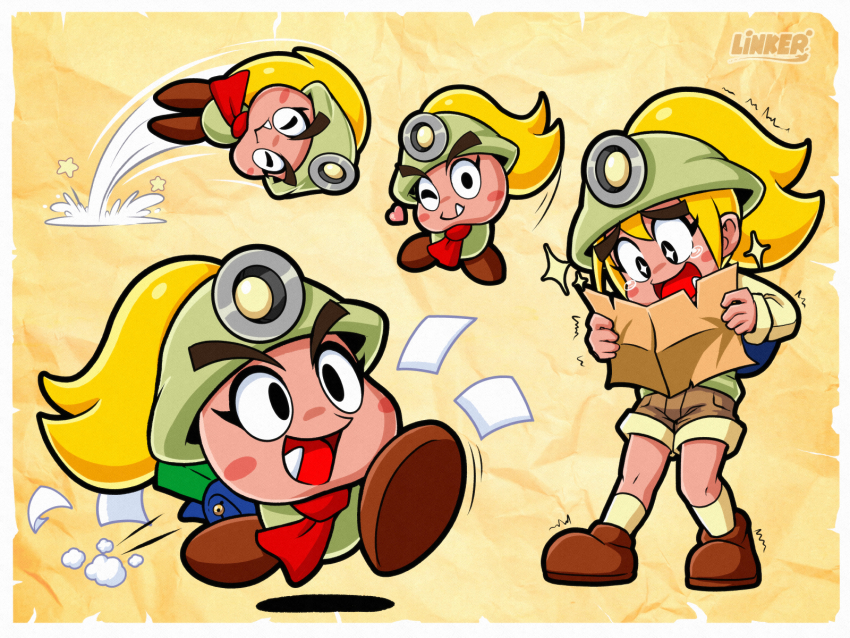 1girl 2023 artist_name ascot backpack bag blonde_hair blue_bag blush_stickers border brown_shoes closed_eyes commentary english_commentary eyelashes fang full_body goombella heart helmet highres holding jumping khaki_pants linker long_sleeves looking_at_viewer map_(object) mario_(series) mining_helmet multiple_views nintendo one_eye_closed open_mouth paper_mario paper_mario:_the_thousand-year_door personification ponytail red_ascot running shirt shoes shorts smile sparkle sparkling_eyes standing tearing_up white_border wink_heart