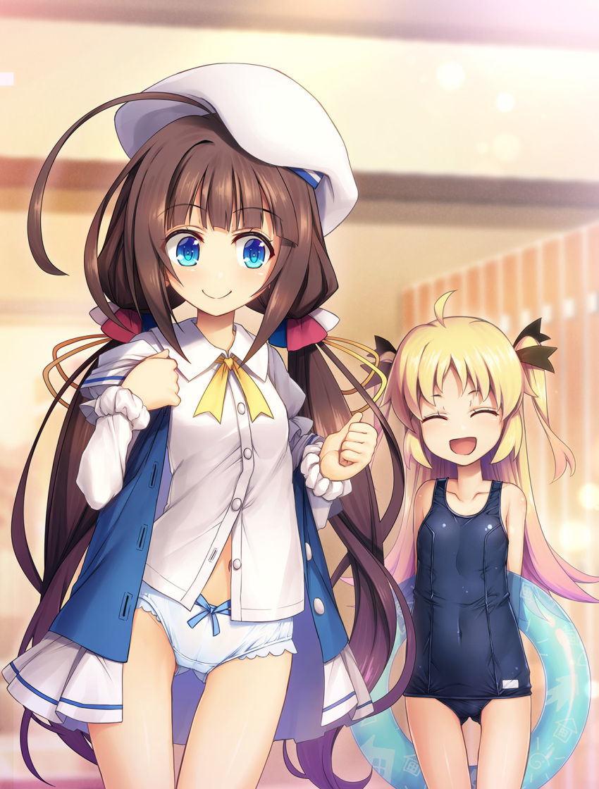 2girls :d ^_^ ahoge beret black_ribbon blonde_hair blue_eyes blurry blurry_background charlotte_izoard chima_q closed_eyes collarbone commentary_request covered_navel gluteal_fold hair_ribbon hat highres hinatsuru_ai indoors innertube long_hair low_twintails multiple_girls navel no_pants open_mouth panties partially_unbuttoned ribbon ryuuou_no_oshigoto! school_swimsuit shirt smile swim_ring swimsuit thigh_gap twintails two_side_up underwear undressing very_long_hair white_panties white_shirt