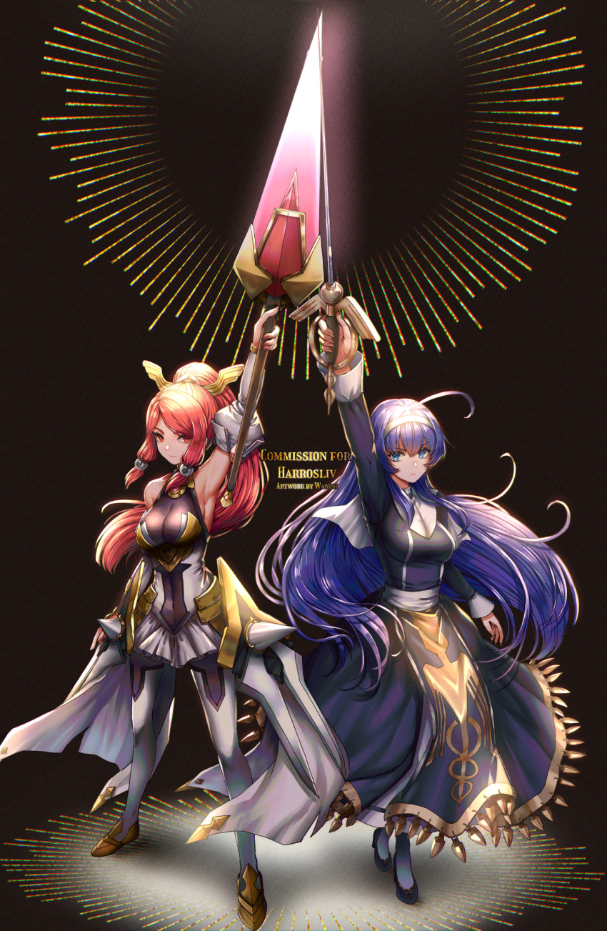 2girls ahoge arm_up armor armored_dress armpits artist_name blazblue blazblue:_chronophantasma blazblue:_cross_tag_battle blue_eyes blue_hair boots breasts commission crossover dress hairband highres holding holding_sword holding_weapon huge_ahoge impossible_clothes izayoi_(blazblue) long_hair looking_at_viewer medium_breasts multiple_girls orie_ballardiae_harada ponytail rapier red_eyes red_hair sword thigh_boots thighhighs under_night_in-birth very_long_hair wani_(fadgrith) weapon white_footwear white_hairband white_legwear