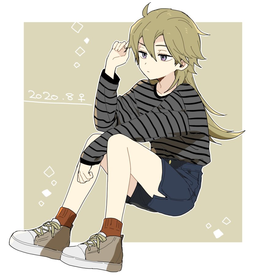 1girl 7100potechi absurdres adjusting_hair blue_shorts brown_background brown_hair brown_shoes dated flipped_hair full_body genderswap genderswap_(mtf) grey_shirt hair_between_eyes hand_up highres hyuse invisible_chair light_brown_hair long_hair long_sleeves looking_afar outline purple_eyes red_socks shirt shoes shorts sitting sneakers socks solo striped_clothes striped_shirt venus_symbol white_outline world_trigger