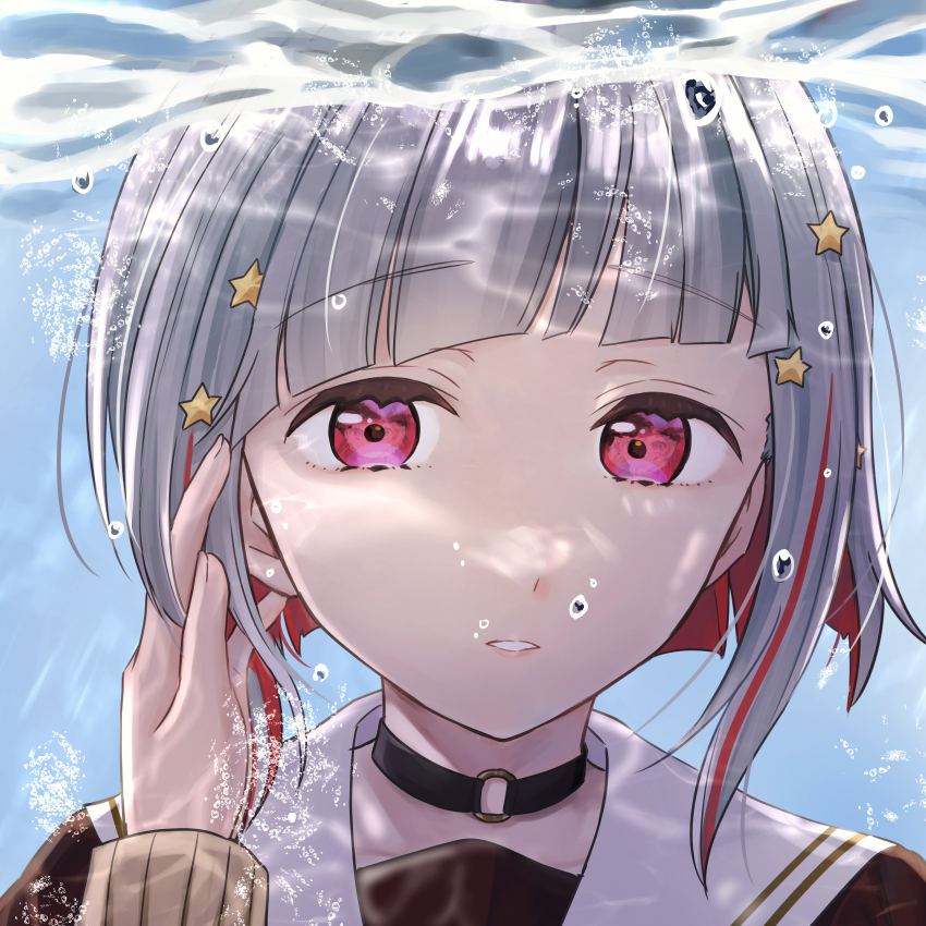 2girls absurdres air_bubble black_choker bob_cut brown_cardigan brown_dress bubble cardigan choker colored_inner_hair commentary_request diagonal_bangs dress female_pov grey_hair hair_ornament hasu_no_sora_school_uniform highres inverted_bob link!_like!_love_live! long_sleeves looking_at_viewer love_live! multicolored_hair multiple_girls o-ring o-ring_choker parted_lips pov pov_hands red_hair sailor_collar sailor_dress school_uniform short_hair solo_focus star_(symbol) star_hair_ornament streaked_hair suito underwater virtual_youtuber white_sailor_collar winter_uniform yugiri_tsuzuri yuri