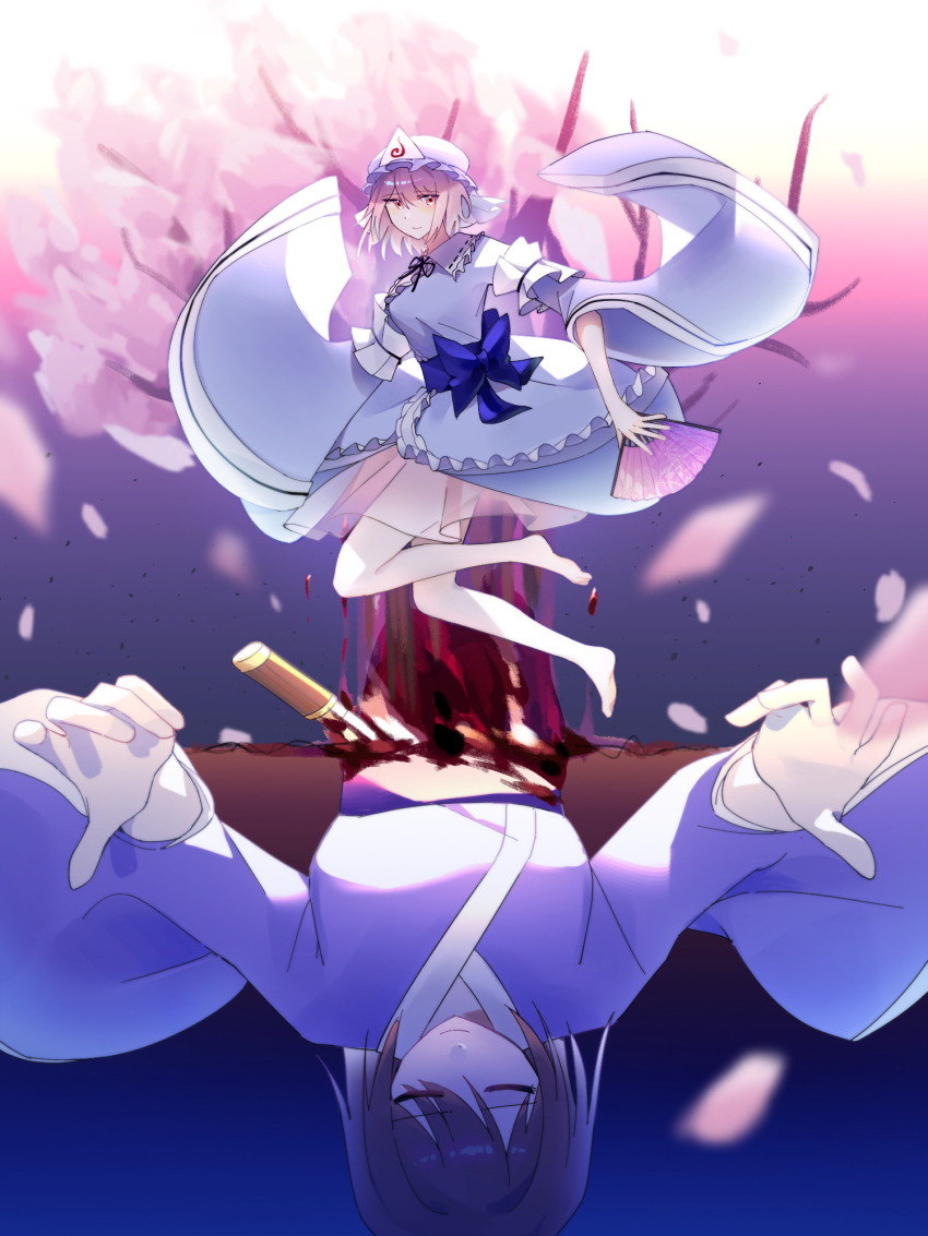 2girls bare_legs barefoot blood bloody_knife blue_bow blue_hat blue_kimono blue_sash bow brown_hair cherry_blossom_print cherry_blossoms closed_eyes closed_mouth commentary cropped_torso dot_nose dual_persona falling_petals feet floating_clothes floral_print folding_fan frilled_headwear frilled_kimono frills full_body gradient_background hand_fan hat highres holding holding_fan japanese_clothes jumping kimono knife long_sleeves looking_at_viewer mob_cap multiple_girls outstretched_arms petals pink_eyes pink_hair purple_background purple_kimono re1re133 ribbon-trimmed_kimono ribbon_trim saigyouji_yuyuko saigyouji_yuyuko_(living) sash short_hair sleeve_garter smile spiral_print stab touhou tree triangular_headpiece upside-down veil waist_bow waist_sash white_veil wide_sleeves