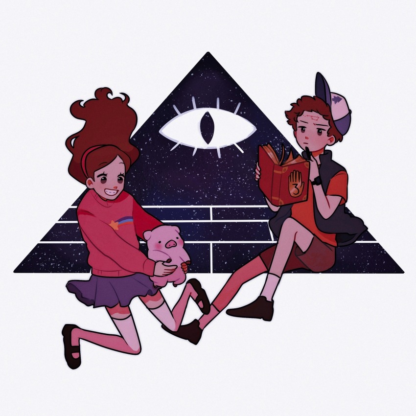 1boy 1girl animification bill_cipher bill_cipher_(cosplay) brother_and_sister brown_eyes brown_hair collared_sweater cosplay dipper_pines fez_hat gravity_falls hairband hat highres long_hair mabel_pines meg_ikarp pig pink_hairband pink_sweater shirt siblings smile sweater tree_print twins two-tone_hat waddles