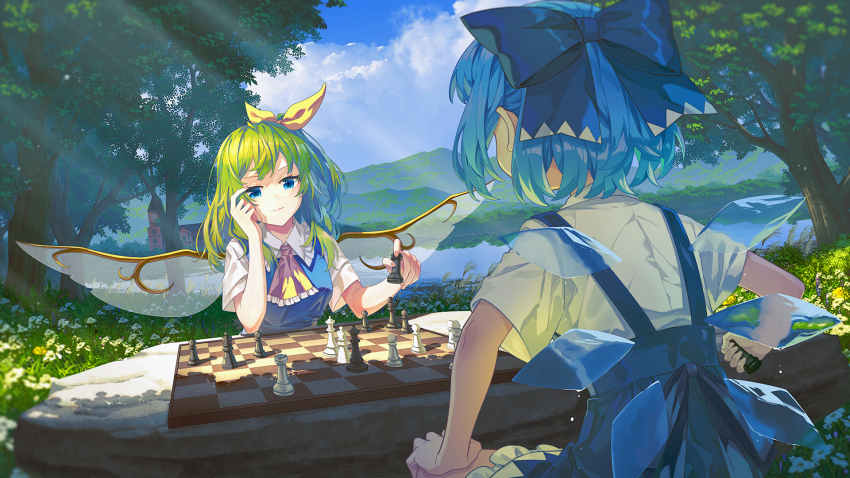 2girls ascot banjie blue_bow blue_dress blue_eyes blue_hair board_game bow chess chess_piece chinese_commentary cirno closed_mouth collared_shirt commentary_request daiyousei day dress fairy_wings frilled_ascot frills grass green_hair hair_bow hand_on_own_knee highres holding holding_chess_piece ice ice_wings long_hair multiple_girls outdoors pinafore_dress playing_games shirt short_hair short_sleeves sleeveless sleeveless_dress touhou tree white_shirt wings yellow_ascot