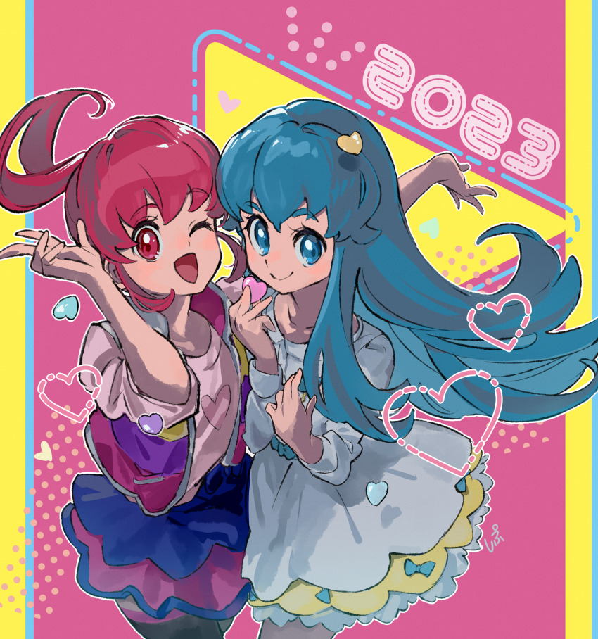 2023 2girls absurdres aino_megumi blue_eyes blue_hair commentary_request dress happinesscharge_precure! highres layered_skirt long_hair long_sleeves multiple_girls one_eye_closed pink_eyes pink_hair ponytail precure shipu_(gassyumaron) shirayuki_hime skirt smile white_dress