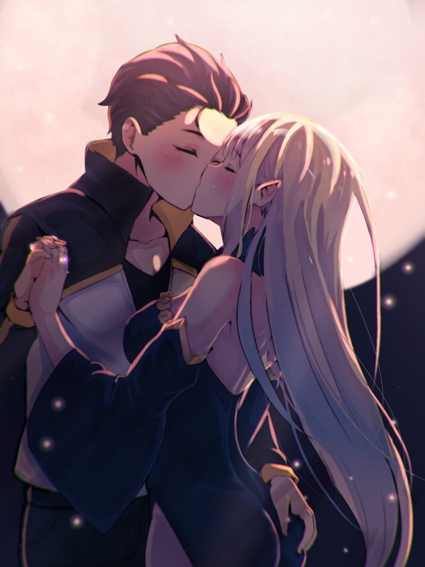 1boy 1girl bare_back bare_shoulders black_dress breasts closed_eyes dress groping hand_on_another&#039;s_ass hetero highres holding_hands jacket kiss large_breasts medium_breasts moon natsuki_subaru pointy_ears purple_eyes re:zero_kara_hajimeru_isekai_seikatsu satella_(re:zero) track_jacket track_suit white_hair zerobarto