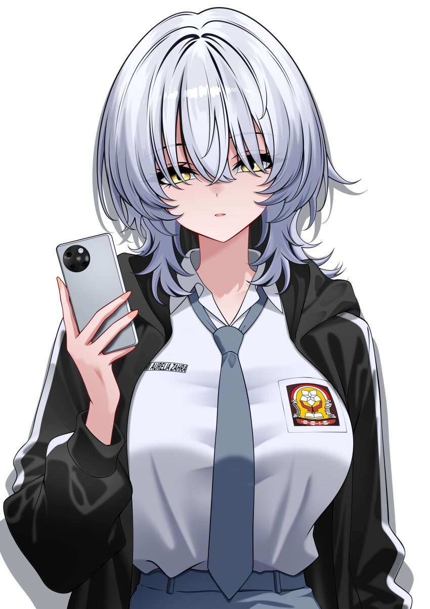1girl absurdres aldided black_jacket breasts cellphone collared_shirt commentary english_commentary grey_necktie grey_skirt highres holding holding_phone hood hooded_jacket indonesian_high_school_uniform jacket large_breasts necktie open_clothes open_jacket original phone school_uniform shadow shirt shirt_tucked_in simple_background skirt smartphone solo white_background white_hair white_shirt yellow_eyes