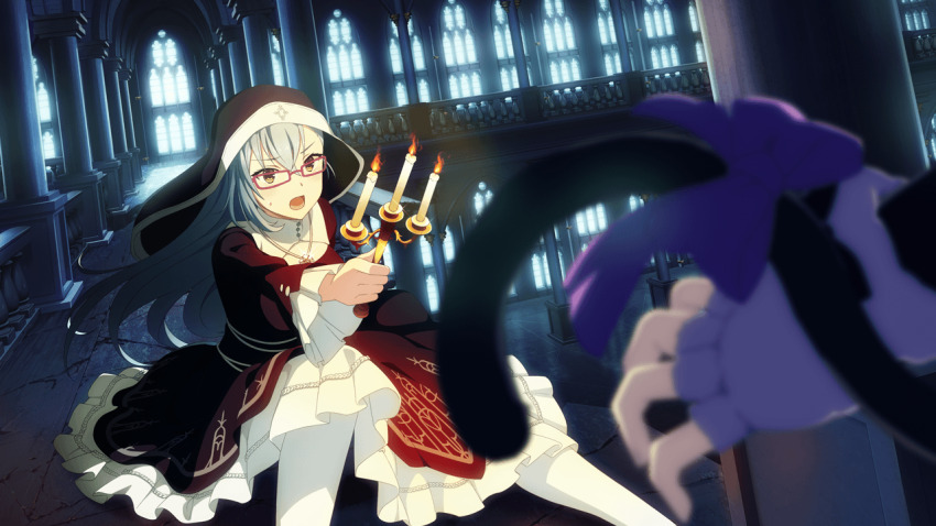 2girls black_dress black_veil blurry blurry_foreground bow candelabra candlestand cat_tail dress frilled_sleeves frills game_cg glasses grey_hair hair_between_eyes holding indoors iwakura_sanae jewelry kitora_mirja long_hair long_sleeves looking_at_another multiple_girls necklace non-web_source official_art on_ground open_mouth orange_eyes pantyhose red-framed_eyewear solo_focus sweat tail tail_bow tail_ornament toji_no_miko toji_no_miko:_kizamishi_issen_no_tomoshibi v-shaped_eyebrows veil white_pantyhose