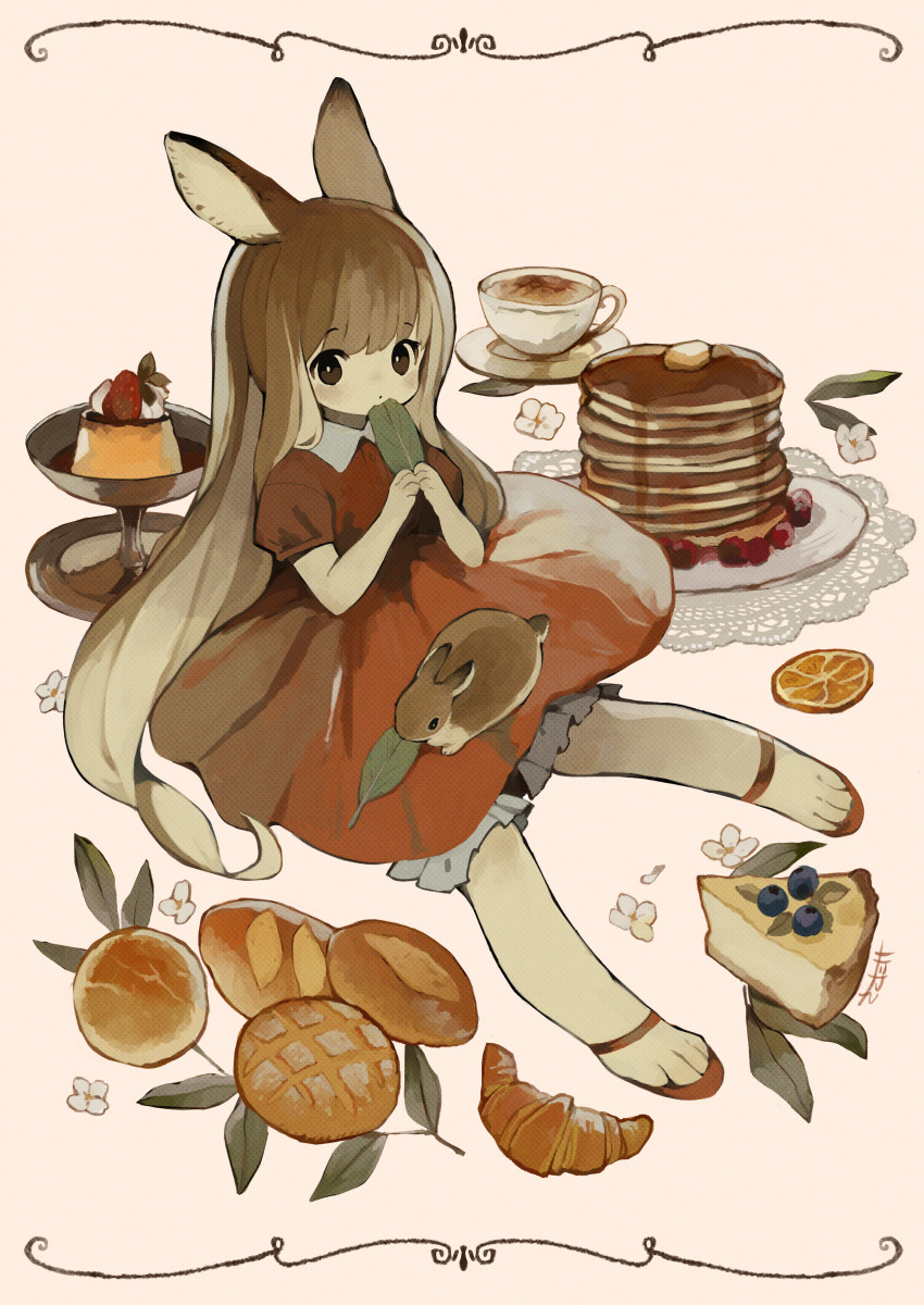1girl absurdres animal animal_ears animal_feet animal_hands bloomers blueberry blush bowl bread bright_pupils brown_hair butter buttons cherry collared_dress commentary croissant cup dot_nose dress dried_fruit eating english_commentary flower food fruit furry furry_and_animal furry_female hands_up highres holding holding_leaf lace leaf long_hair looking_at_viewer maple_syrup mug_cake on_floor orange_(fruit) orange_slice original pancake pancake_stack pie plate pudding puffy_short_sleeves puffy_sleeves rabbit rabbit_ears rabbit_girl red_dress sakutake_(ue3sayu) saucer short_sleeves sitting solo strawberry swept_bangs teacup twig underwear very_long_hair white_background white_pupils
