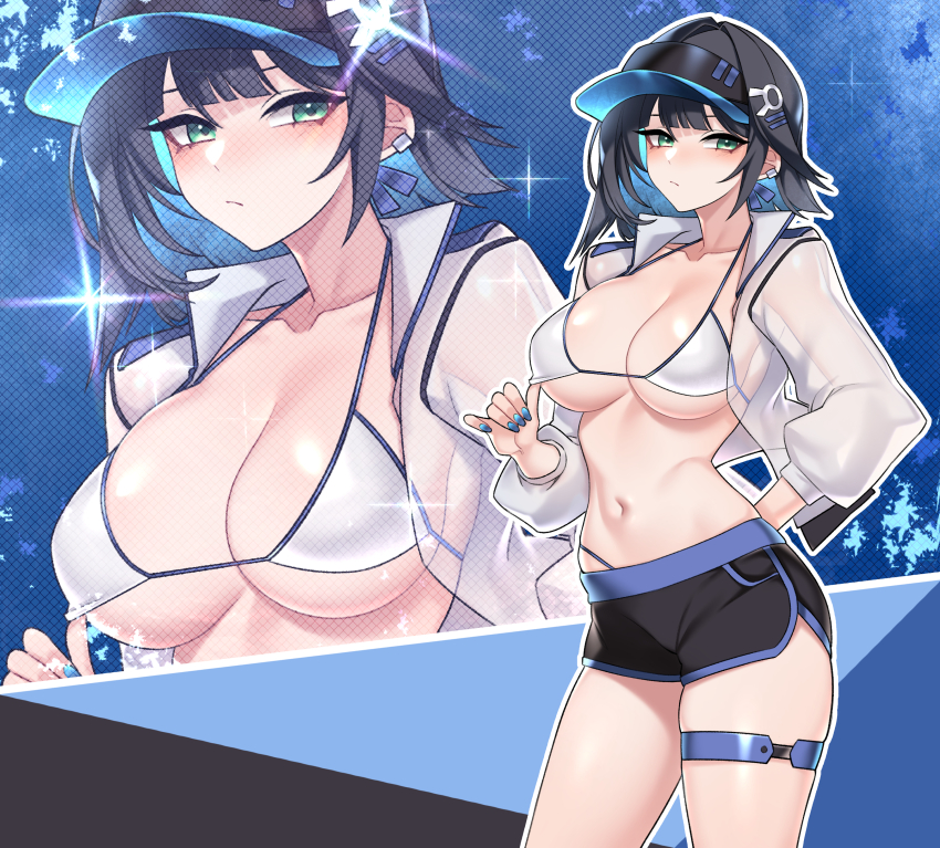 1girl abigail_(black_survival) absurdres bikini black_hair black_hat black_shorts black_survival blue_hair blue_nails breasts cleavage closed_mouth collarbone colored_inner_hair commentary_request dogs_(dlrkdejr26) eternal_return:_black_survival fingernails green_eyes hand_on_own_hip hat highres jacket large_breasts long_sleeves looking_at_viewer medium_hair multicolored_hair multiple_views nail_polish navel open_clothes open_jacket outline puffy_long_sleeves puffy_sleeves see-through_clothes see-through_jacket short_shorts shorts swimsuit thigh_strap thighs white_bikini white_jacket white_outline zoom_layer