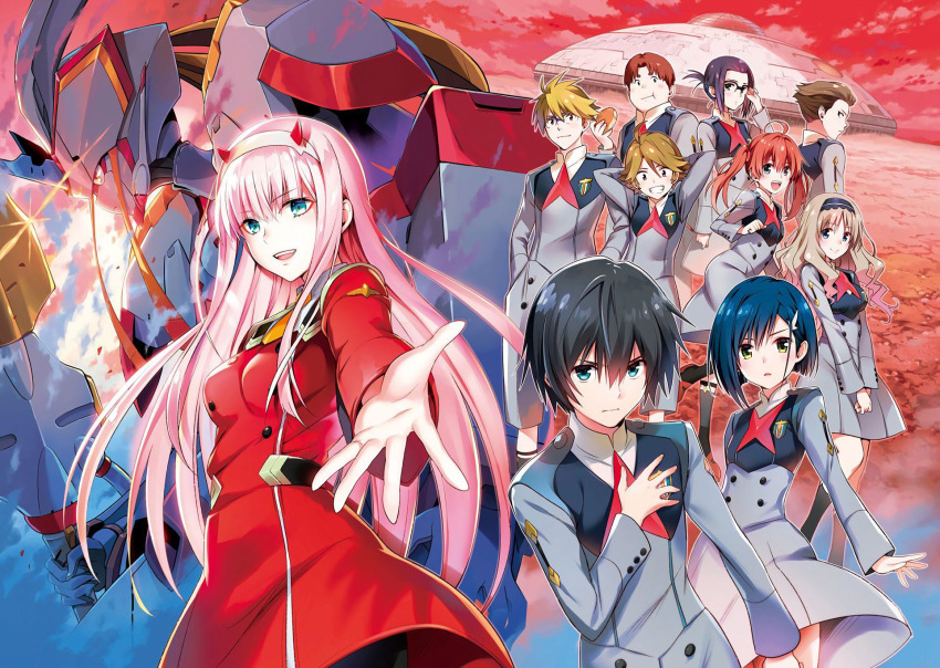 5boys 5girls :d :t adjusting_eyewear ahoge arms_behind_head black_hair blonde_hair blue_eyes blue_hair blunt_bangs brown_eyes brown_hair building curly_hair darling_in_the_franxx dress eyeliner fat fat_man futoshi_(darling_in_the_franxx) glasses gorou_(darling_in_the_franxx) green_eyes grin hair_ornament hair_pulled_back hair_slicked_back hairband hairclip hand_on_own_chest hand_up hands_in_pockets highres hiro_(darling_in_the_franxx) holding holding_polearm holding_weapon horns ichigo_(darling_in_the_franxx) ikuno_(darling_in_the_franxx) key_visual kokoro_(darling_in_the_franxx) long_hair makeup mecha miku_(darling_in_the_franxx) mitsuru_(darling_in_the_franxx) multiple_boys multiple_girls non-web_source official_art open_mouth outstretched_arm outstretched_hand parasite_dress_uniform_(darling_in_the_franxx) parted_bangs pink_hair polearm promotional_art purple_hair red_dress red_eyeliner red_hair red_sky robot semi-rimless_eyewear shirt short_hair sky smile standing strelizia third-party_source turtleneck turtleneck_shirt twintails v-shaped_eyebrows v_arms weapon yabuki_kentarou zero_two_(darling_in_the_franxx) zorome_(darling_in_the_franxx)