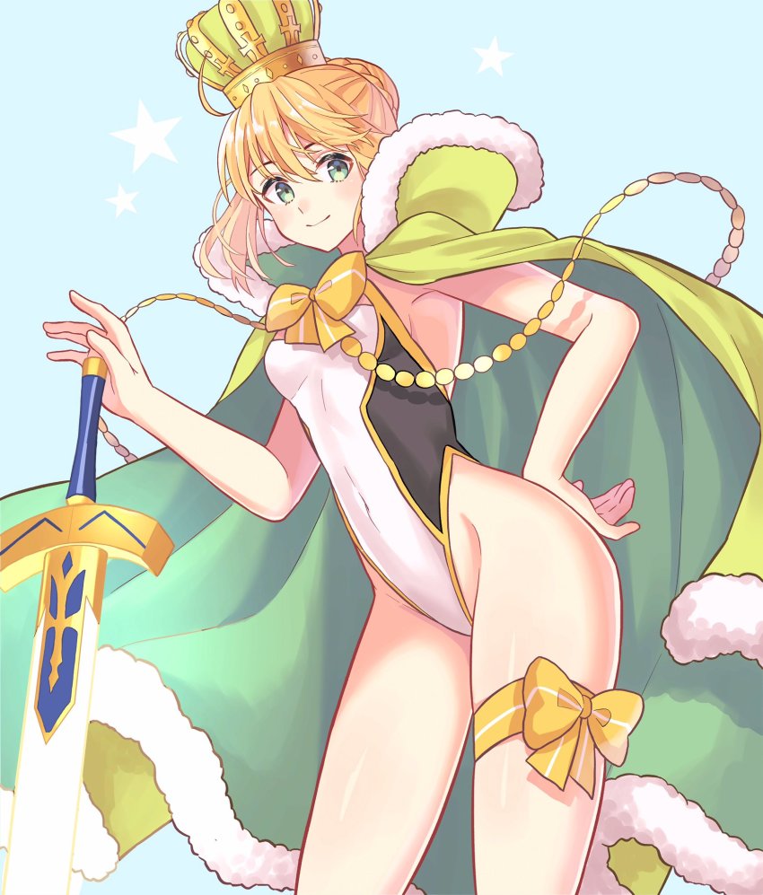 1girl armpits artoria_pendragon_(fate) artoria_pendragon_(swimsuit_archer)_(fate) artoria_pendragon_(swimsuit_archer)_(third_ascension)_(fate) bad_id bad_twitter_id blonde_hair braid breasts cape closed_mouth crown excalibur_(fate/stay_night) fate/grand_order fate/stay_night fate_(series) female_focus french_braid fur-trimmed_cape fur_trim green_crown green_eyes hair_between_eyes highres holding holding_sword holding_weapon legs looking_at_viewer lq_saku medium_breasts one-piece_swimsuit smile solo swimsuit sword thighs weapon white_one-piece_swimsuit