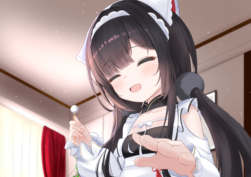1girl :d ^_^ absurdres apron azur_lane black_hair blunt_bangs blurry blush chang_feng_(azur_lane) closed_eyes clothing_cutout collarbone curtains dress frills hair_ornament highres holding indoors long_hair long_sleeves low_twintails maid mimikaki open_mouth paashe reaching reaching_towards_viewer shoulder_cutout smile solo twintails upper_body window
