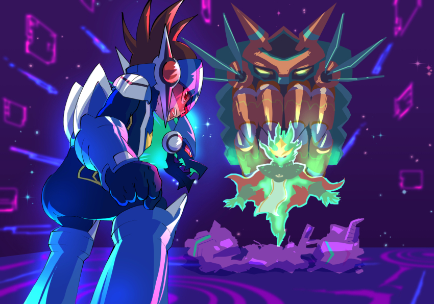 andromeda_(mega_man) armor assault_visor battle blue_bodysuit bodysuit brown_hair cepheus_(mega_man) colored_skin geo_stelar_(mega_man) green_skin h2o_(gueguecamp) male_focus mega_man_(series) mega_man_star_force_(series) multiple_heads omega-xis_(mega_man) power_armor red-tinted_eyewear star_force_mega_man tinted_eyewear