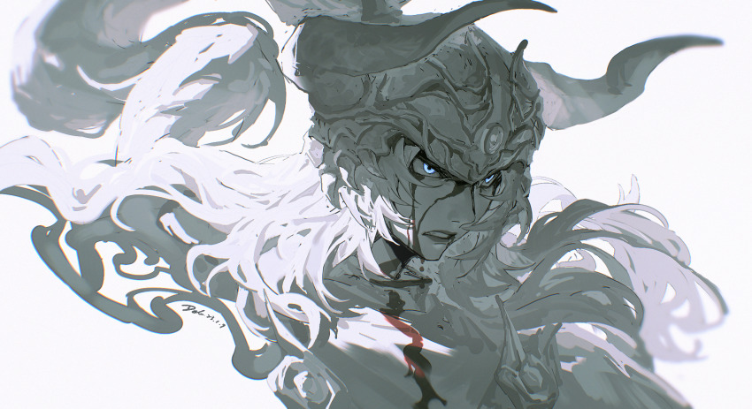1boy angry bleeding blood blood_on_face blue_eyes chinese_commentary clenched_teeth commentary_request dated dele14375735 dripping fake_horns final_fantasy final_fantasy_xiv floating_hair from_side glowing glowing_eyes helmet highres horned_helmet horns long_hair looking_ahead male_focus monochrome portrait serious signature simple_background solo spot_color teeth warrior_of_light_(ff1) wavy_hair white_background white_hair