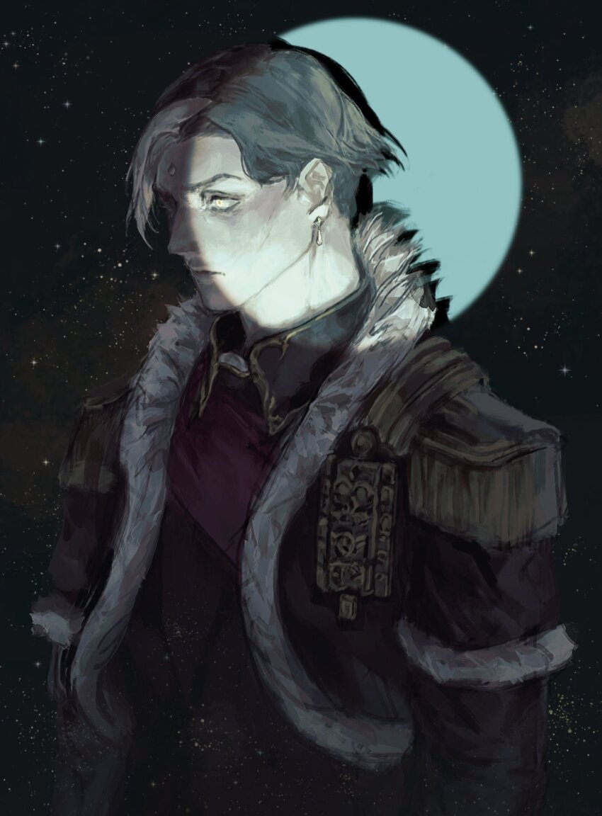 1boy black_hair black_jacket earrings emet-selch epaulettes final_fantasy final_fantasy_xiv fur-trimmed_jacket fur_trim garlean highres jacket jewelry male_focus multicolored_hair searchlight short_hair solo stusoup third_eye two-tone_hair upper_body yellow_eyes