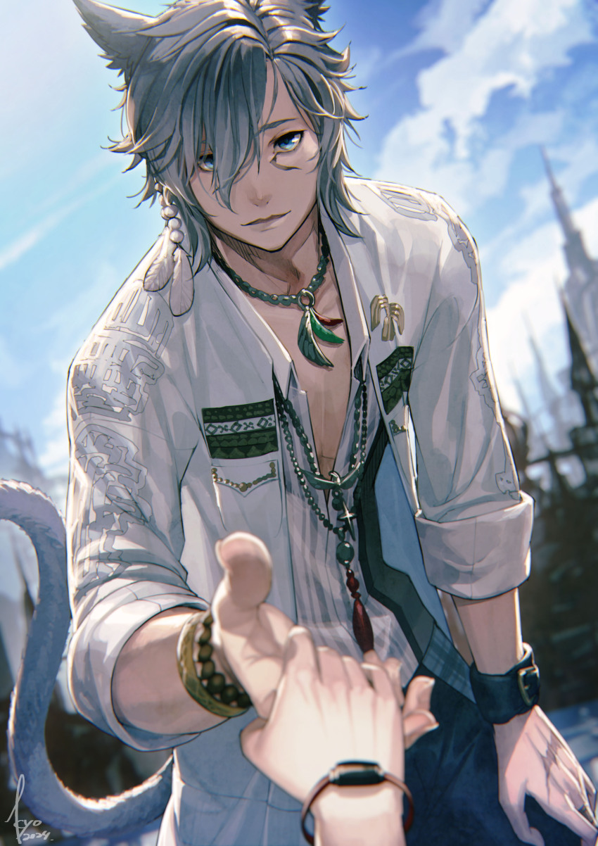 1boy absurdres animal_ears asymmetrical_hair blue_eyes blurry blurry_background blurry_foreground bracelet cat_boy cat_ears cat_tail closed_mouth collared_shirt day final_fantasy final_fantasy_xiv grey_hair hair_between_eyes highres jewelry kyo_(kuroichigo) leaning_forward light_smile lips long_bangs looking_at_viewer male_focus medium_hair miqo&#039;te necklace open_clothes open_shirt outdoors pants parted_bangs pendant pov pov_hands shirt shirt_under_shirt solo_focus tail v-neck warrior_of_light_(ff14) wristband