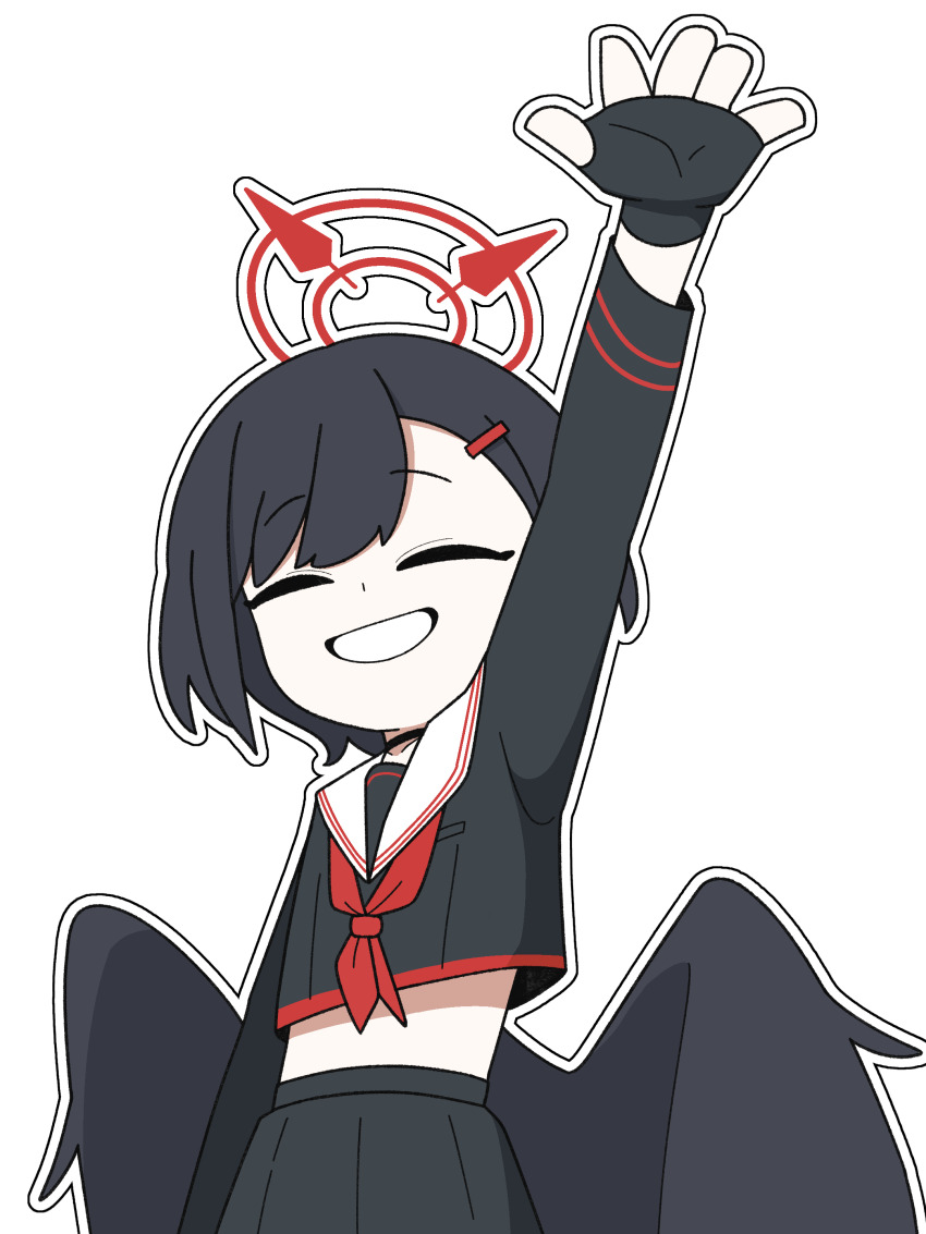 1girl absurdres arm_up black_gloves black_hair black_shirt black_skirt black_wings blue_archive burlap_farming closed_eyes collared_shirt commentary_request eyelashes fingerless_gloves gloves hair_ornament hairclip halo highres ichika_(blue_archive) long_sleeves midriff neckerchief outline red_halo red_neckerchief sailor_collar school_uniform serafuku shirt short_hair simple_background skirt smile solo white_background white_outline white_sailor_collar wings