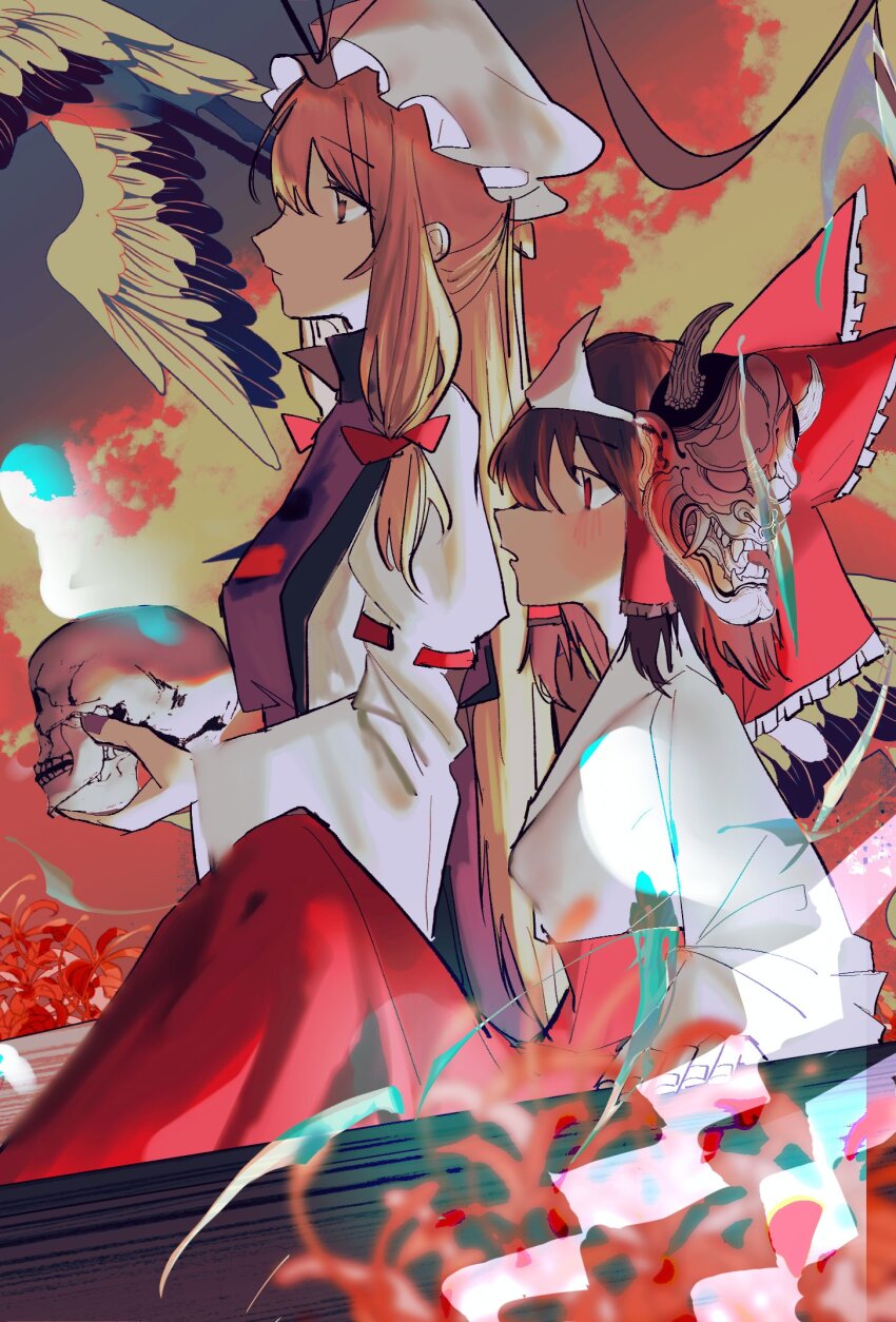 2girls bird blonde_hair bow breasts brown_hair dress hair_bow hakurei_reimu heinrich_(fernanderuddle) highres long_hair long_sleeves mask multiple_girls oni_mask red_bow ribbon sitting skirt skull touhou yakumo_yukari