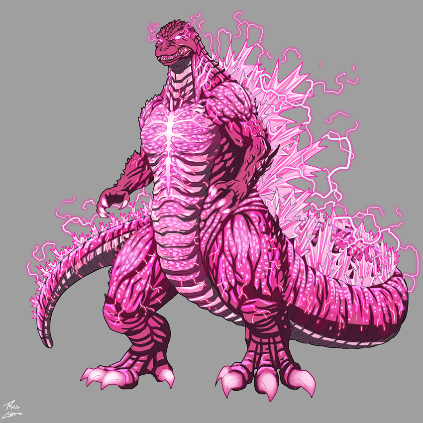 alternate_color bioluminescence burning_godzilla claws elbow_spikes fangs full_body giant giant_monster gills glowing glowing_claws glowing_eyes glowing_mouth glowing_spikes glowing_teeth godzilla godzilla_(monsterverse) godzilla_(series) godzilla_evolved godzilla_vs._destoroyah godzilla_x_kong:_the_new_empire highres jaw kaiju king_kong_(series) long_tail monster monsterverse no_humans phil-cho pink_eyes pink_scales scales sharp_teeth spines tail teeth yellow_eyes