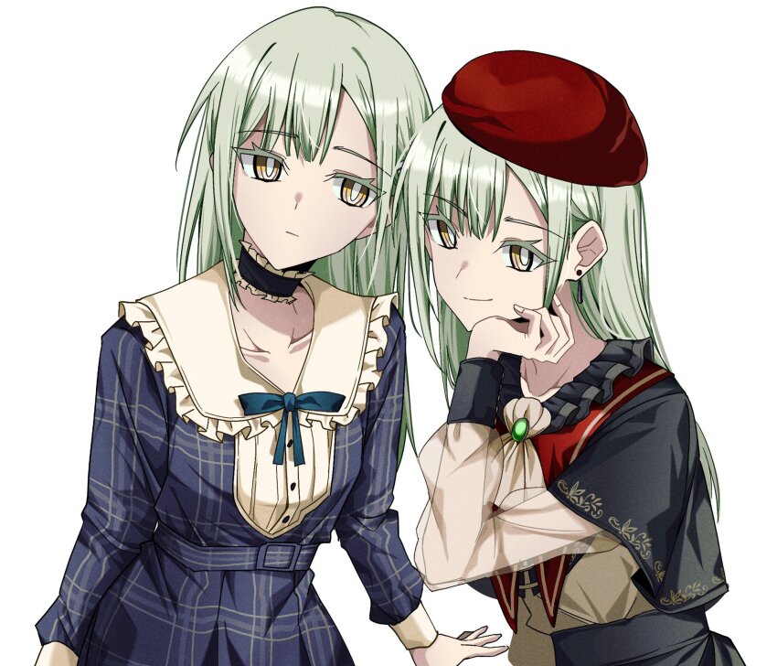 2girls :/ arm_at_side arms_at_sides ascot bang_dream! bang_dream!_it&#039;s_mygo!!!!! belt belt_buckle beret black_capelet black_choker black_collar black_skirt black_sleeve_cuffs blue_dress blue_ribbon bucishiro buckle capelet center_frills choker closed_mouth collar collarbone colored_eyelashes commentary_request cowboy_shot dress dual_persona earrings fingernails frilled_choker frilled_collar frills gold_trim green_brooch green_hair hair_between_eyes hand_on_own_chin hand_up hat highres indonesian_commentary jewelry light_smile long_hair long_sleeves looking_at_another looking_at_viewer mortis_(bang_dream!) mortis_(costume)_(bang_dream!) mortis_(persona)_(bang_dream!) multiple_girls neck_ribbon no_mask plaid_clothes plaid_dress red_capelet red_hat ribbon see-through_clothes see-through_sleeves shirt sidelocks simple_background single_earring skirt striped_capelet swept_bangs wakaba_mutsumi white_background yellow_ascot yellow_eyes yellow_shirt