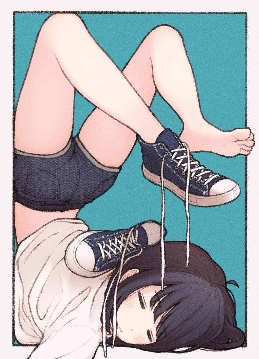 1girl 1ssakawaguchi =_= absurdres aqua_background black_hair black_shorts blue_shoes blush closed_eyes closed_mouth commentary converse denim denim_shorts highres legs_over_head legs_up original outside_border shirt shoes short_hair short_shorts shorts simple_background single_shoe sneakers solo symbol-only_commentary untied_shoelaces white_shirt