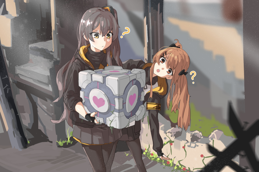 2girls ? brown_eyes brown_hair chicory confused crossover fingerless_gloves girls&#039;_frontline gloves grey_hair heart highres multiple_girls pleated_skirt portal_(series) scar scar_across_eye scar_on_face siblings side_ponytail sisters skirt thighhighs twins twintails ump45_(girls&#039;_frontline) ump9_(girls&#039;_frontline) aperture_science_weighted_companion_cube