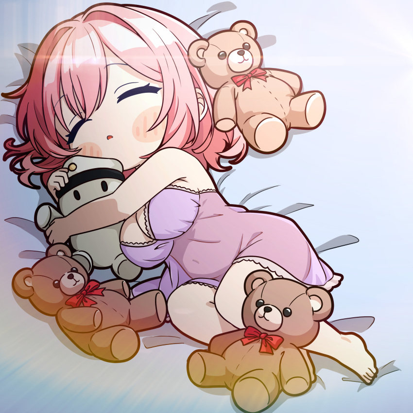 1girl absurdres artist_request azur_lane bare_arms bed_sheet blush blush_stickers breasts camisole character_doll chibi chibi_only closed_eyes commander_(azur_lane) commentary doll english_commentary highres kazan_(azur_lane) kazan_(the_warm_morning_sunshine)_(azur_lane) large_breasts long_hair lying navel on_side open_mouth pink_camisole pink_hair second-party_source see-through_camisole see-through_clothes sleeping solo stuffed_animal stuffed_toy teddy_bear thighs