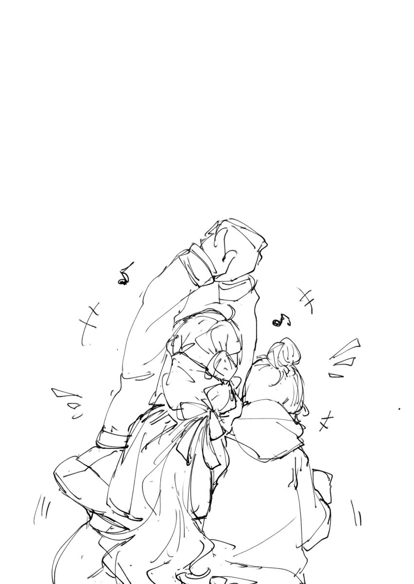 +++ 2girls ahoge anyoji_hime arms_up blunt_bangs center-flap_bangs eighth_note food greyscale hair_bun hair_ribbon highres holding holding_food hood hoodie kachimachi_kosuzu kachimachi_kosuzu_(compass_casual) l9525 link!_like!_love_live! long_hair love_live! monochrome multi-tied_hair multiple_girls musical_note notice_lines official_alternate_costume ponytail ribbon short_hair sidelocks single_hair_bun swept_bangs virtual_youtuber