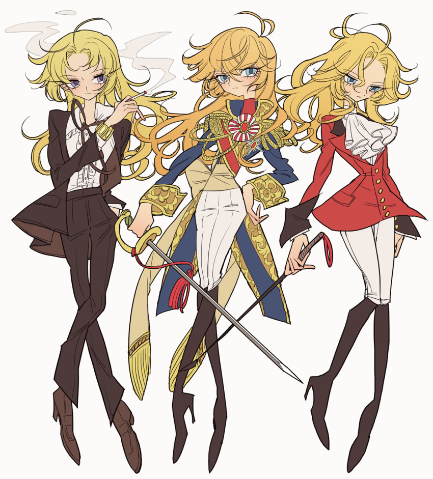 3girls ahoge aiguillette androgynous arms_at_sides asaka_rei ascot black_footwear black_jacket black_pants blonde_hair blue_eyes boots center_frills cigarette closed_mouth crossover epaulettes formal_clothes frills full_body hair_between_eyes hand_on_own_hip hand_up high_heel_boots high_heels highres holding holding_cigarette holding_sword holding_weapon jacket julius_leonherd_von_ahrensmeyer knee_boots long_hair long_sleeves looking_at_viewer meremero multiple_girls oniisama_e... orpheus_no_mado oscar_francois_de_jarjayes pants rapier red_jacket simple_background smile smoke standing suit sword trait_connection uniform versailles_no_bara weapon white_ascot white_background white_pants