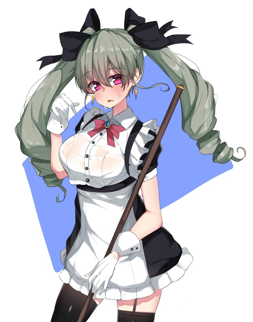 1girl absurdres alternate_costume anchovy_(girls_und_panzer) black_bow black_thighhighs blush bow breasts drill_hair earrings garter_straps girls_und_panzer gloves green_hair hair_bow highres jewelry kshimu large_breasts long_hair looking_at_viewer maid pink_eyes red_bow short_sleeves solo sweat thighhighs twin_drills wet wet_clothes white_gloves wrist_cuffs