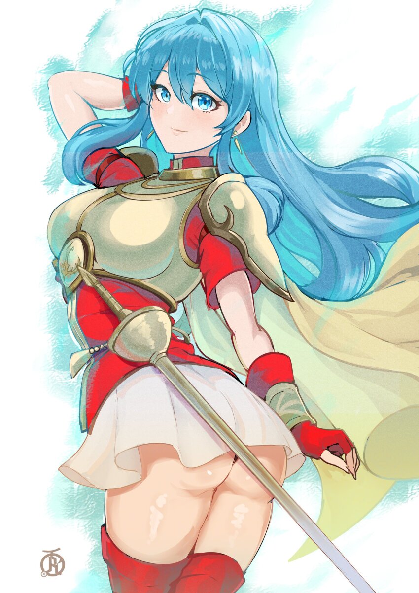 1girl absurdres armor ass blue_eyes blue_hair blush breastplate breasts cape eirika_(emblem)_(fire_emblem) eirika_(fire_emblem) fire_emblem fire_emblem:_the_sacred_stones fire_emblem_engage from_behind highres long_hair looking_at_viewer nintendo revolverwing skirt smile solo sword thighhighs thong very_long_hair weapon