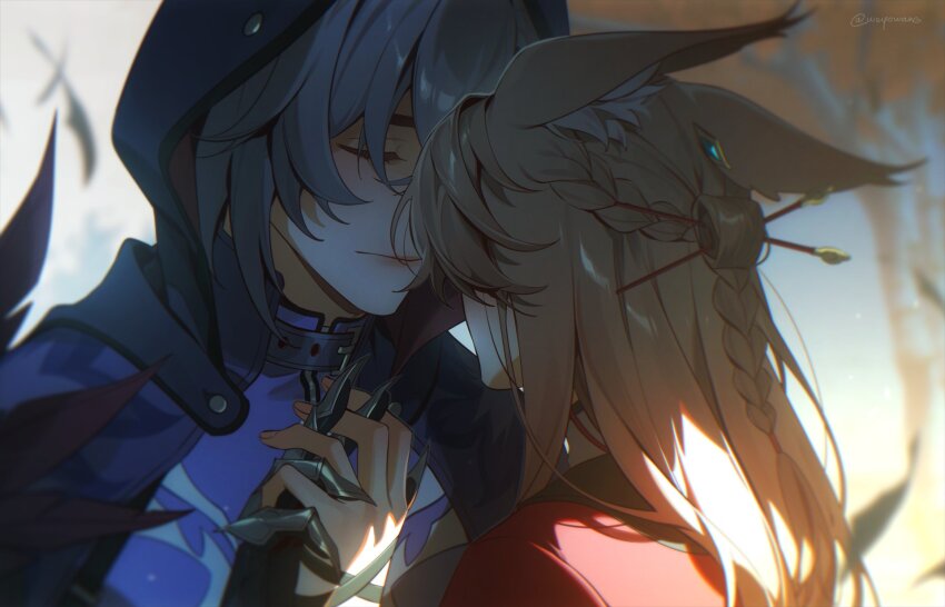 2boys animal_ear_fluff animal_ears arm_up blurry blurry_background braid closed_eyes closed_mouth commentary ears_back face-to-face highres holding holding_hands honkai:_star_rail honkai_(series) hood hood_up interlocked_fingers jiaoqiu_(honkai:_star_rail) long_hair male_focus moze_(honkai:_star_rail) multiple_boys pink_hair plume purple_shirt red_shirt shirt single_braid tree twitter_username upper_body weyowang yaoi