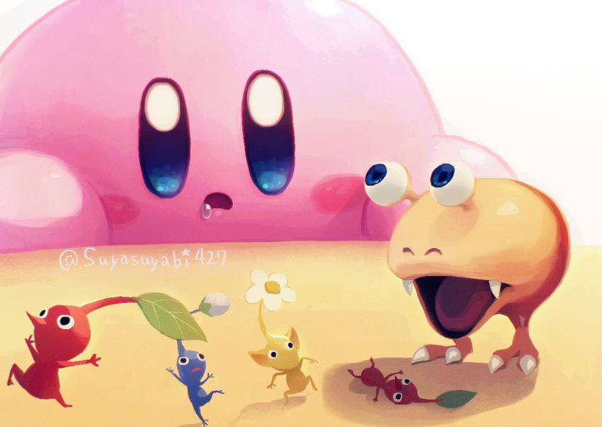 arms_up artist_name black_eyes blue_eyes blue_pikmin blush blush_stickers bud bulborb claws commentary_request company_connection crossover drooling fangs flower kirby kirby_(series) leaf looking_at_another looking_back lying nintendo on_back open_mouth pikmin_(creature) pikmin_(series) red_pikmin running shadow simple_background standing star_(symbol) suyasuyabi table twitter_username white_background white_flower yellow_pikmin