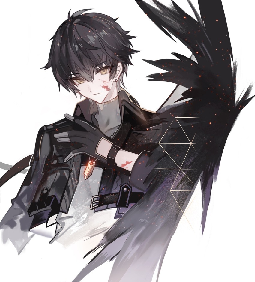 1boy black_gloves black_hair black_jacket black_wings blood blood_on_arm blood_on_face breast_pocket cropped_jacket cropped_torso earrings glove_cutout gloves grey_undershirt hair_between_eyes highres jacket jewelry juexing_(moemoe3345) looking_at_viewer male_focus male_rover_(wuthering_waves) necklace pocket rover_(wuthering_waves) short_hair signature simple_background single_wing solo sparks stud_earrings upper_body white_background wings wuthering_waves yellow_eyes