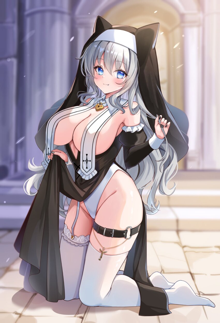 1girl black_dress blue_eyes blush breast_curtains breasts cleavage clothes_lift dress dress_lift fang garter_straps groin highleg highleg_panties highres katsushika_pachi kneeling large_breasts lifting_own_clothes long_hair no_shoes nun original panties single_garter_strap smile solo thigh_strap thighhighs thighs underwear white_hair white_panties white_thighhighs