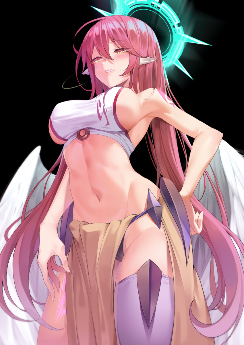 1girl angel_wings black_background black_panties blush breasts bright_pupils cameltoe commission cowboy_shot crop_top feathered_wings female_focus from_below glowing glowing_eyes groin hair_between_eyes halo hand_on_own_hip highres jibril_(no_game_no_life) k_pring large_breasts long_hair low_wings magic_circle midriff navel no_game_no_life panties parted_lips pelvic_curtain pink_hair purple_thighhighs sideboob simple_background single_thighhigh solo spiked_halo stomach tattoo thighhighs underwear very_long_hair white_wings wing_ears wings yellow_eyes