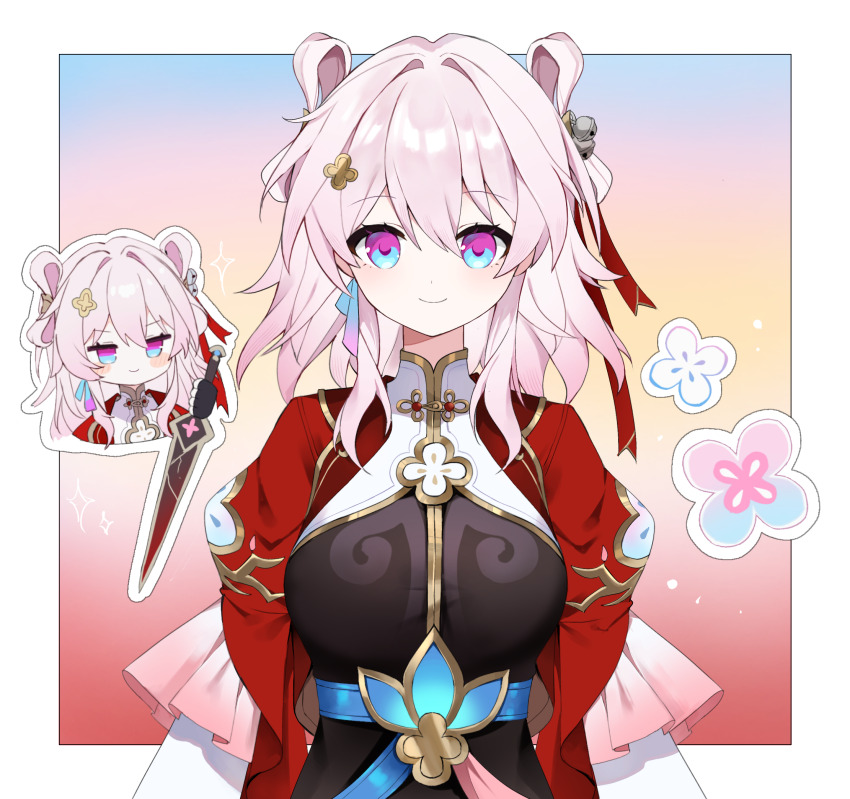 1girl bell black_dress black_gloves blue_background blue_eyes breasts chibi dress gloves gradient_background hair_bell hair_intakes hair_ornament highres holding holding_sword holding_weapon honkai:_star_rail honkai_(series) jacket jingle_bell looking_at_viewer march_7th_(honkai:_star_rail) march_7th_(hunt)_(honkai:_star_rail) medium_breasts medium_hair multicolored_eyes multiple_views nirako_mona pink_background pink_hair puffy_sleeves purple_eyes red_jacket reverse_grip smile sword two-tone_eyes upper_body weapon