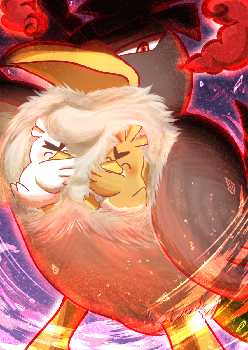 animal_focus bird brown_eyes closed_eyes closed_mouth duck farfetch&#039;d fluffy galarian_farfetch&#039;d galarian_form gen_1_pokemon gen_8_pokemon gigantamax_(other) highres hug looking_at_viewer nintendo no_humans pokemon pokemon_(creature) red_clouds shuri_(syurigame) sirfetch&#039;d size_difference thick_eyebrows v-shaped_eyebrows